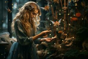 A fairytale fairy points her magic wand at a forest tree that turns into a Christmas tree decorated with toys photo