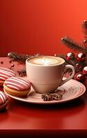 Christmas illustration with coffee and cookies on red table photo