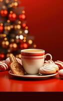 Christmas illustration with coffee and cookies on red table photo
