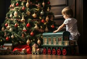 There are toys under the decorated Christmas tree photo