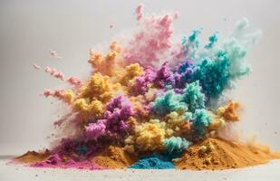 Abstract powder splatted background. Colorful powder explosion on white background. Colored cloud. Colorful dust explode. Paint Holi. AI generated photo