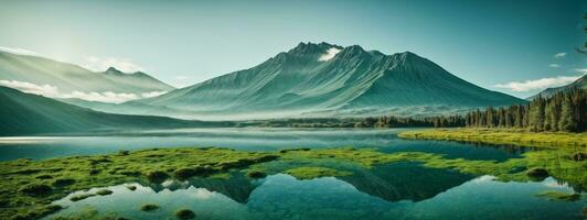 Volcanic mountain in morning light reflected in calm waters of lake.. AI generated photo