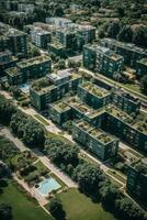 Modern apartment buildings in a green residential area in the city. AI generated photo