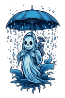 Sticker of a ghost wearing an umbrella in the rain ai generative png