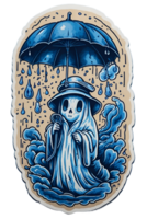 Sticker of a ghost wearing an umbrella in the rain ai generative png