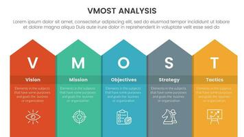 vmost analysis model framework infographic 5 point stage template with long rectangle top arrow concept for slide presentation vector
