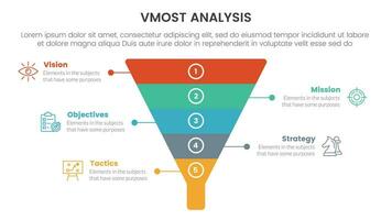 vmost analysis model framework infographic 5 point stage template with funnel pyramid shape concept for slide presentation vector