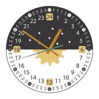 24 horas reloj cara con flechas lleno día reloj. negro blanco y oro. linda diseño con Dom y estrellas vector