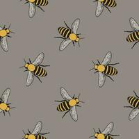 Beautiful geometric pattern with honey bees in various orientation. Cartoon vintage style vector