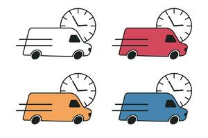 camioneta rápido entrega icono conjunto varios colores blanco azul rojo naranja con reloj en el antecedentes. vector