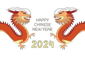 Greeting Card 2024 Happy Chinese New Year with Red Dragons in cartoon style. Vector