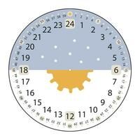 24 horas 60 60 minutos reloj cara modelo con día y noche diseño concepto. plano estilo aislado en blanco vector