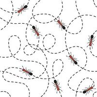 Seamless pattern of red ants workers running along the black tracks on white background. Pattern from collection vector