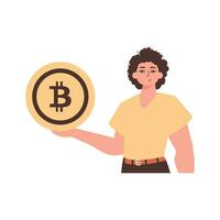 The guy is holding a bitcoin in the form of a coin. Character in modern trendy style. vector