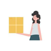 The woman is depicted waist-deep and holding a parcel in her hands. Delivery concept. Isolated. Flat modern design. Vector. vector