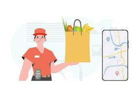 Home delivery concept. A man delivers a package of products. Trendy flat style. Vector. vector