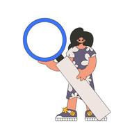 The girl is holding a magnifying glass. Search for information. Linear retro style character. vector