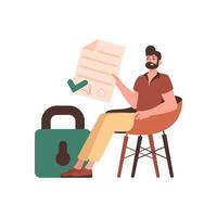 The man sits in a chair and holds a document in her hands. Data protection. Trend style character. vector