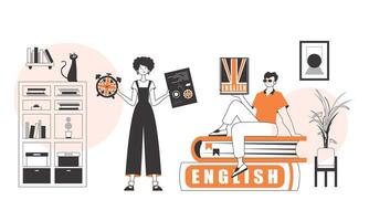 The guy and the girl helps teaches English. The concept of learning a foreign language. Linear modern style. vector