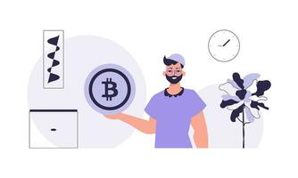 The concept of mining and extraction of bitcoin. A man holds a bitcoin in the form of a coin in his hands. Character with a modern style. vector