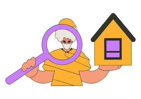 Male real estate agent holding a house and a magnifying glass. Home ownership. vector