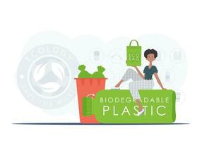 Concept of green world and ecology. A woman sits on a bottle made of biodegradable plastic and holds an ECO BAG in her hands. Fashion trend vector illustration.