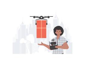 A man controls a quadcopter with a package. Delivery concept. Vector illustration.