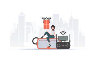 A woman controls a quadcopter with a parcel. Delivery concept. trendy style. Vector. vector