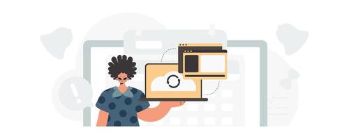 A woman holding a laptop and a phone vector