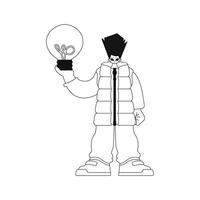 Man holds light bulb illustrating ideas, linear style in a vector. vector