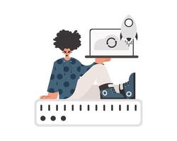 A person sitting on top of a computer with a rocket on it vector