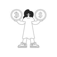 Charming woman holding bitcoin and dollar coin. Linear black and white style. vector