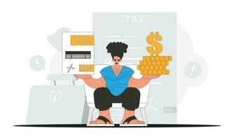 A cultured man is holding a tax form and coins in his hands. Graphic illustration on the theme of tax payments. vector