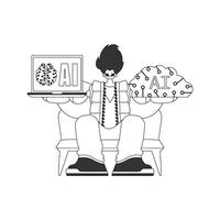 A cartoon man sitting on a chair with a laptop and a brain vector