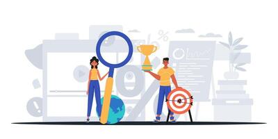 Two people holding a magnifying glass and a trophy vector