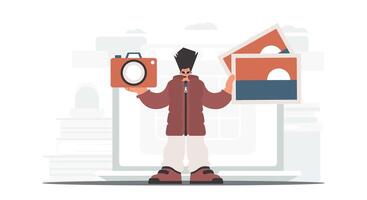 el persona sostiene un cámara y fotografias en su manos. el concepto de descanso y viajar. de moda estilo, vector ilustración