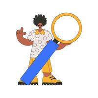 The man is holding a magnifying glass. Search for the necessary information on the Internet. Linear retro style character. vector