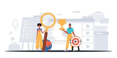 Two people holding a magnifying glass and a trophy vector