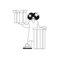 She grasps a box. Delivering the package. Simple design. image. vector