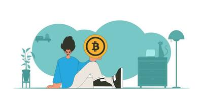 The guy is holding a bitcoin. Cryptocurrency and fiat exchange theme. vector