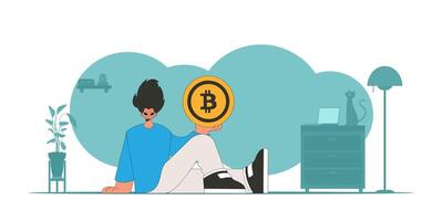 The guy is holding a bitcoin. Cryptocurrency and fiat exchange theme. vector