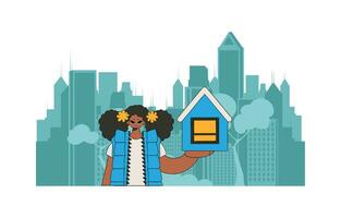 concepto inversión en real bienes. niña corredor de bienes raíces sostiene un casa en su manos. vector