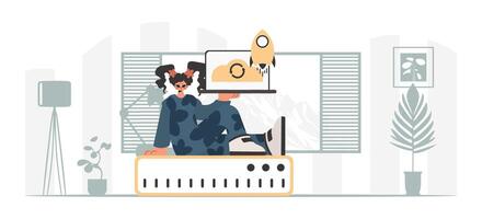 A man sitting on top of a computer with a rocket on it vector