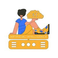 An illustration featuring a man holding a synthetic intelligence brain. vector