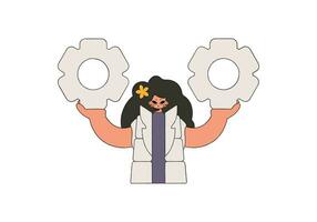 Refined woman holding gears. Idea theme. vector