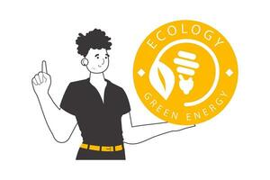 The guy holds the green energy logo in his hand. Lineart style. Isolated on white background. Vector illustration.