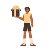 A young guy is holding a gift. Modern flat vector illustration.