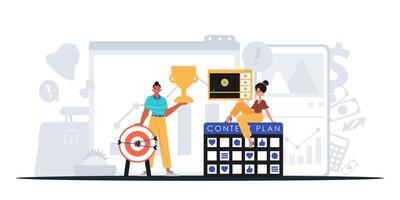 A woman and man are standing next to a board with a target and a plan vector