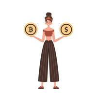 un mujer sostiene un bitcoin y un dólar en su manos. personaje con un moderno estilo. vector