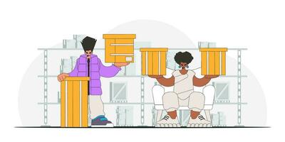 Charming woman and man are holding boxes in their hands. Parcel delivery team. An art piece showcasing the conveyance of parcels and goods vector